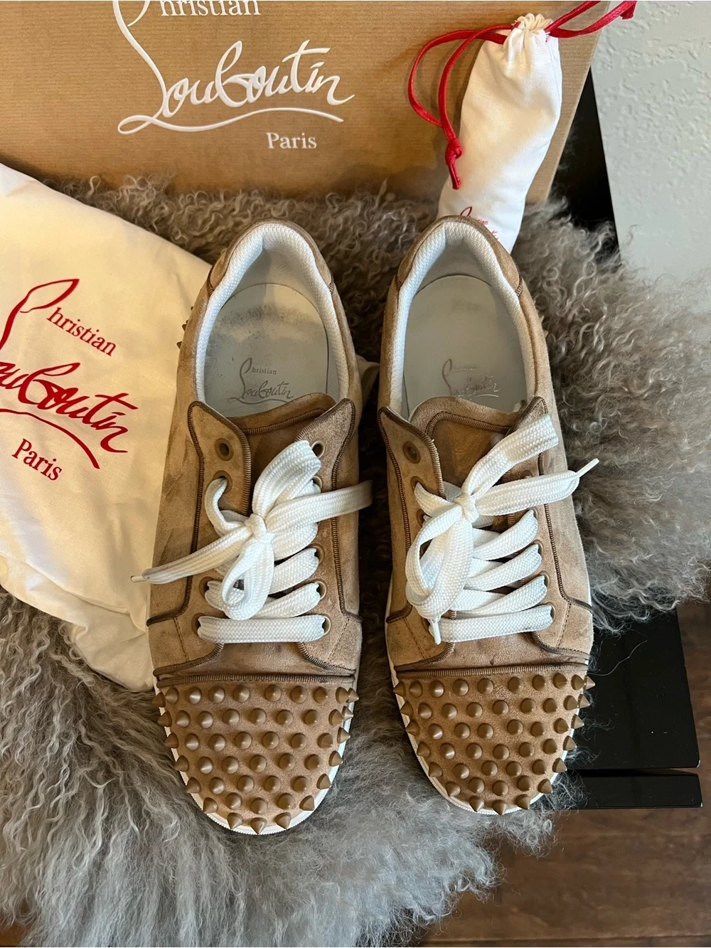 Christian Louboutin Brown Studded Lace-Up Sneakers with White Laces